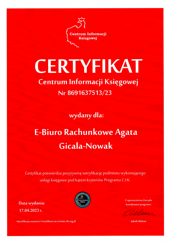 certyfikat agata gicala biuro rachunkowe